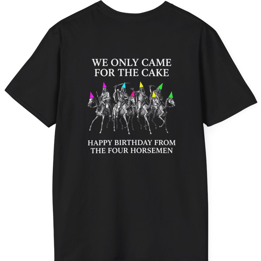 Four Horsemen Birthday Party Back Print T-Shirt - Black back