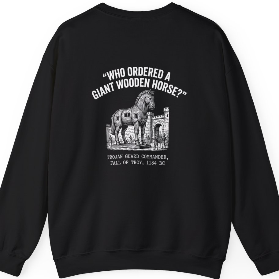 Trojan Horse Deadpan Satire Back Print Sweatshirt - Black back
