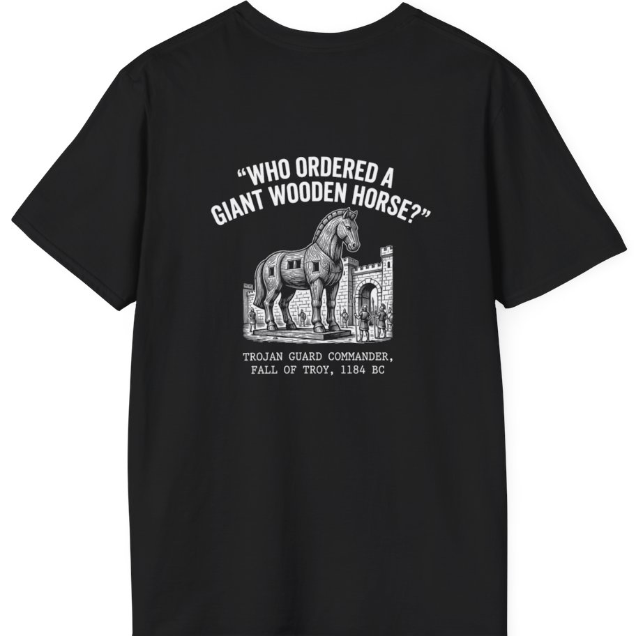Trojan Horse Deadpan Satire Back Print T-Shirt - Black back