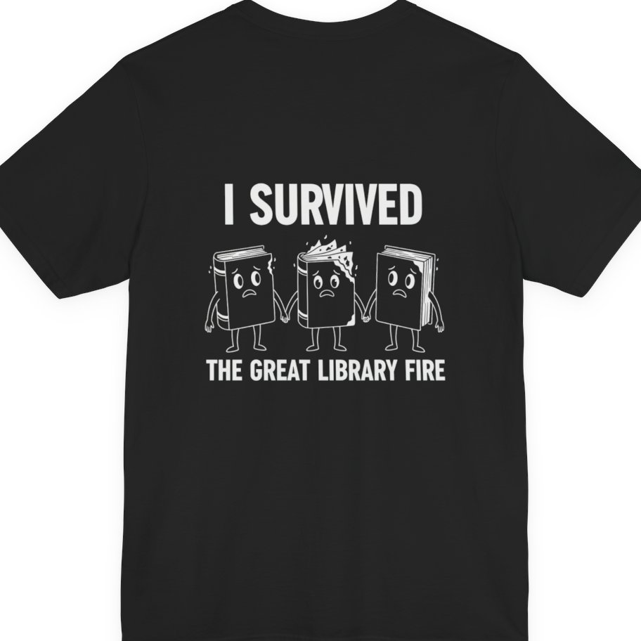 I Survived The Great Library Back Print Premium Tee - Black back