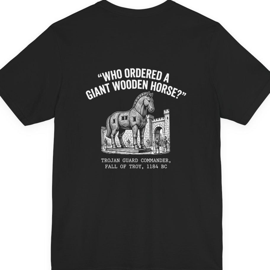 Trojan Horse Deadpan Satire Back Print Premium Tee - Black back