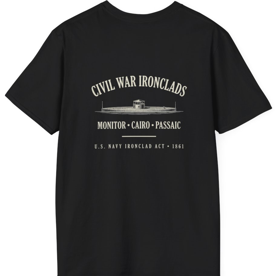 Civil War River Ironclads Back Print T-Shirt - Black back