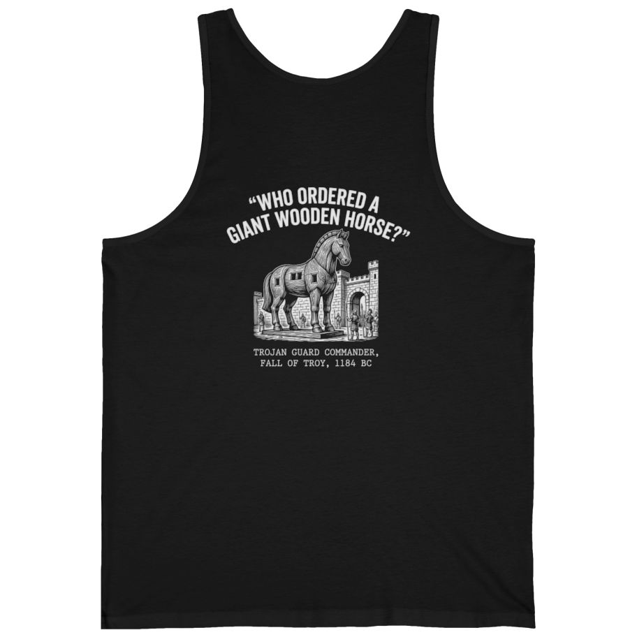 Trojan Horse Deadpan Satire Back Print Tank Top - Black back