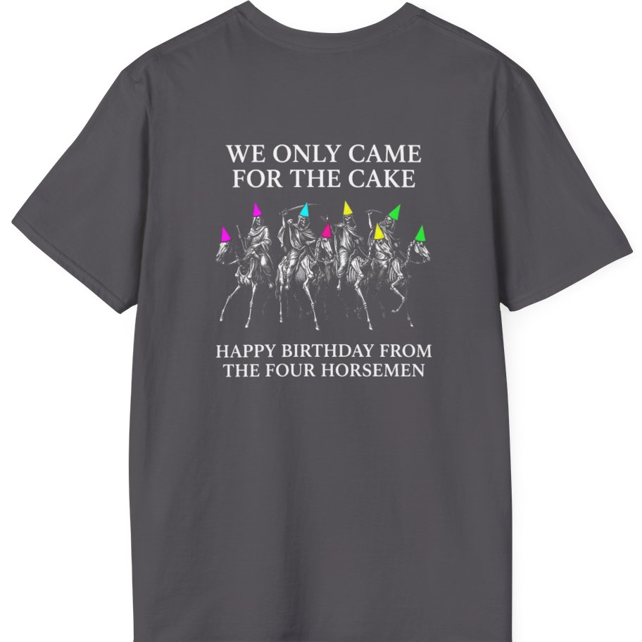 Four Horsemen Birthday Party Back Print T-Shirt - Charcoal back