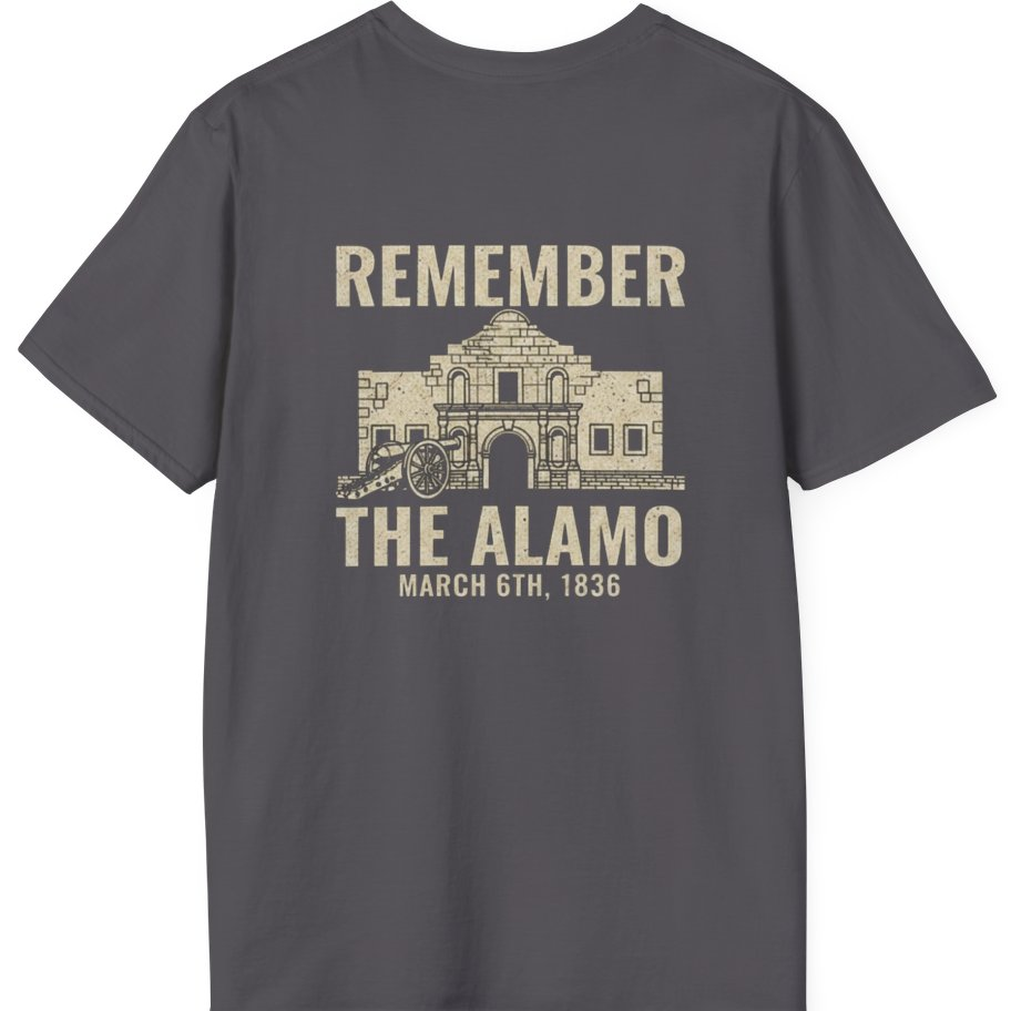 Remember the Alamo March 6th Back Print T-Shirt - Charcoal back