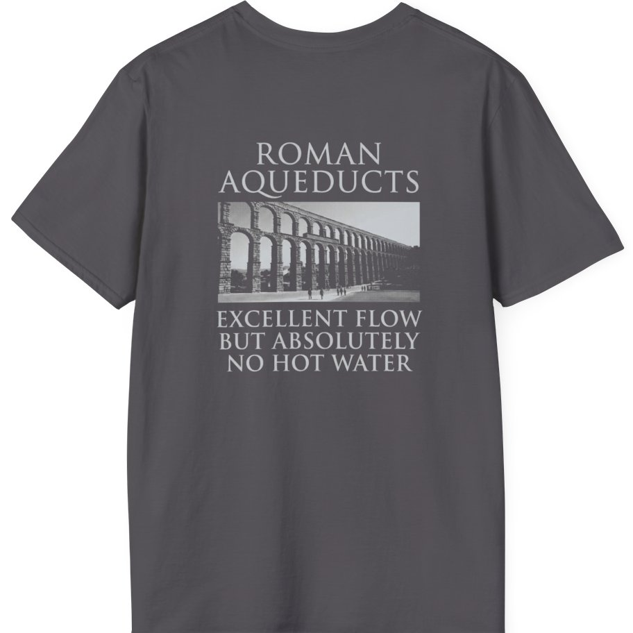 Roman Aqueducts Service Review Back Print T-Shirt - Charcoal back
