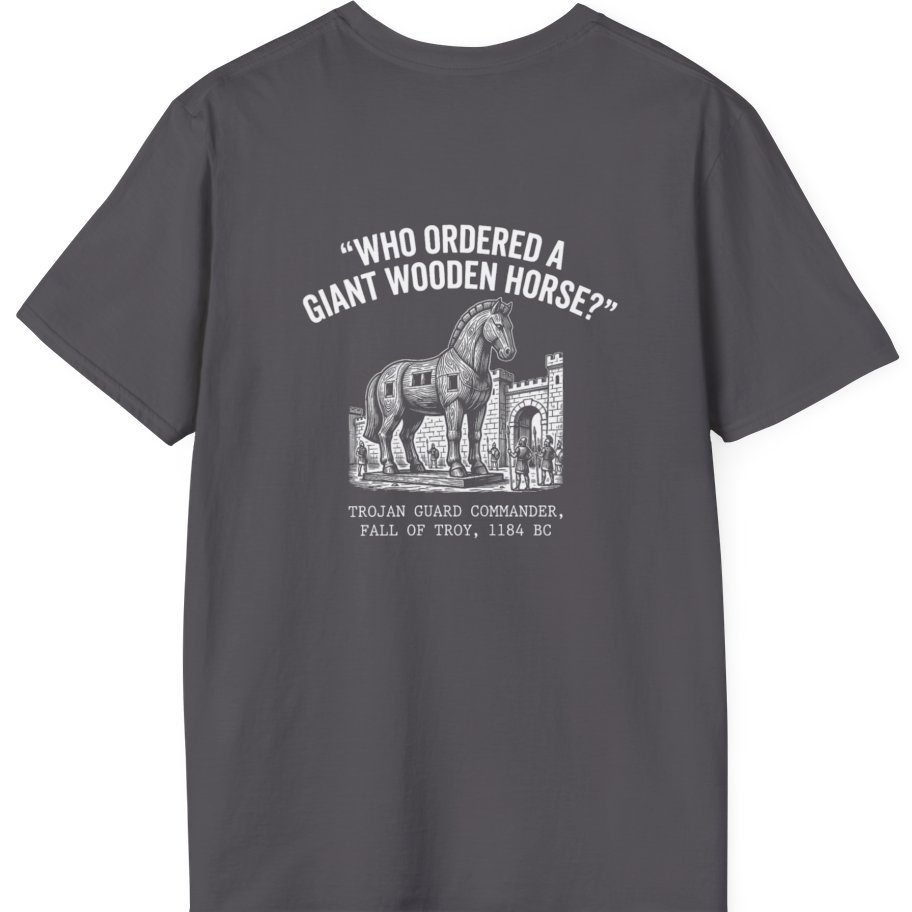 Trojan Horse Deadpan Satire Back Print T-Shirt - Charcoal back