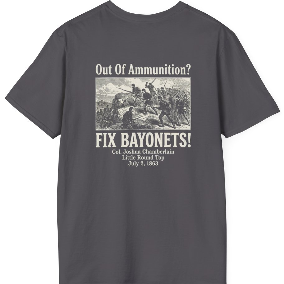 Out of Ammunition Fix Bayonets Back Print T-Shirt - Charcoal back