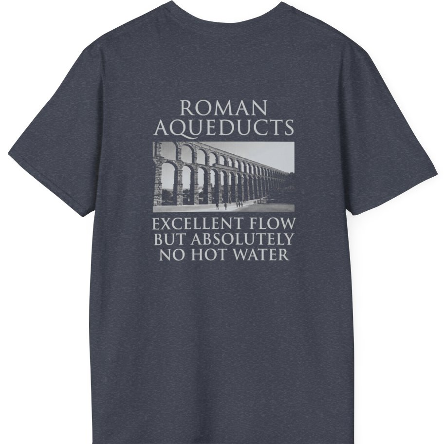 Roman Aqueducts Service Review Back Print T-Shirt - Heather Navy back