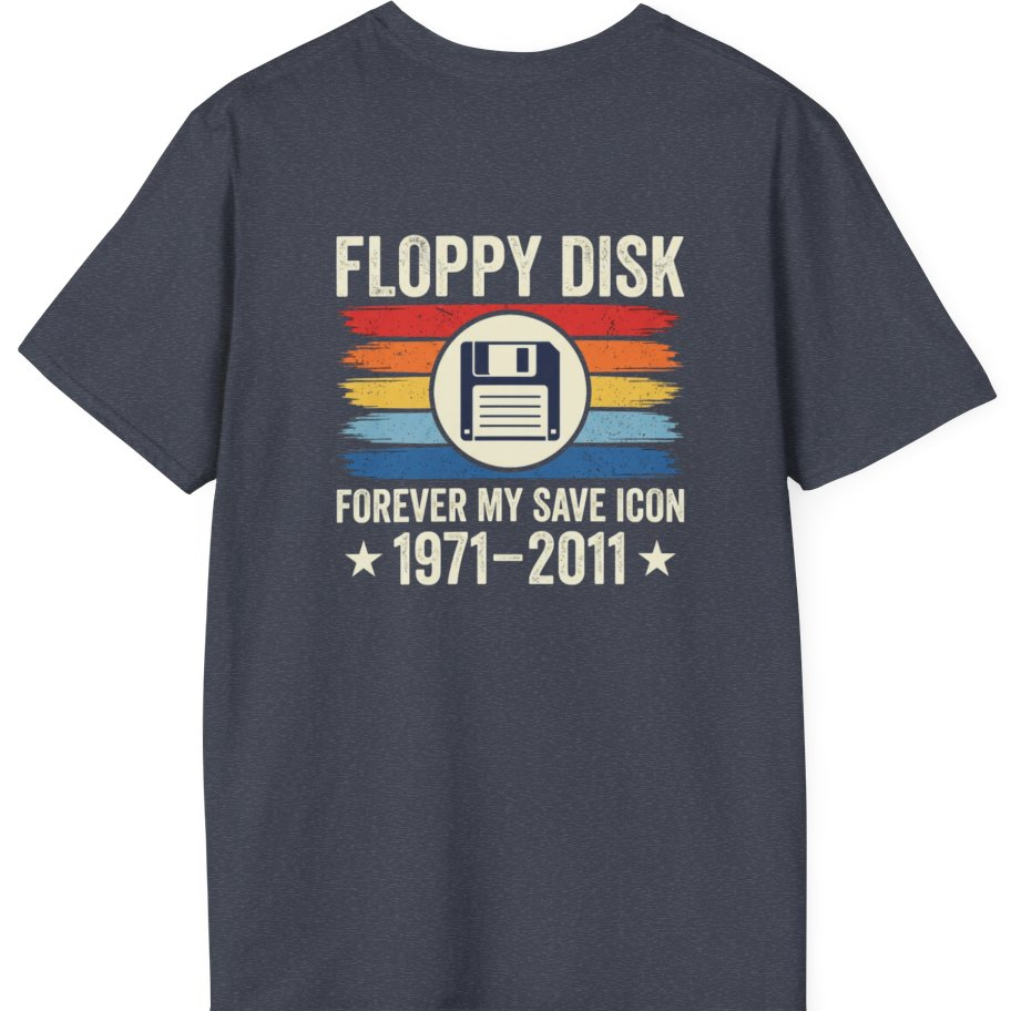 Floppy Disk Memorial Back Print T-Shirt - Heather Navy back