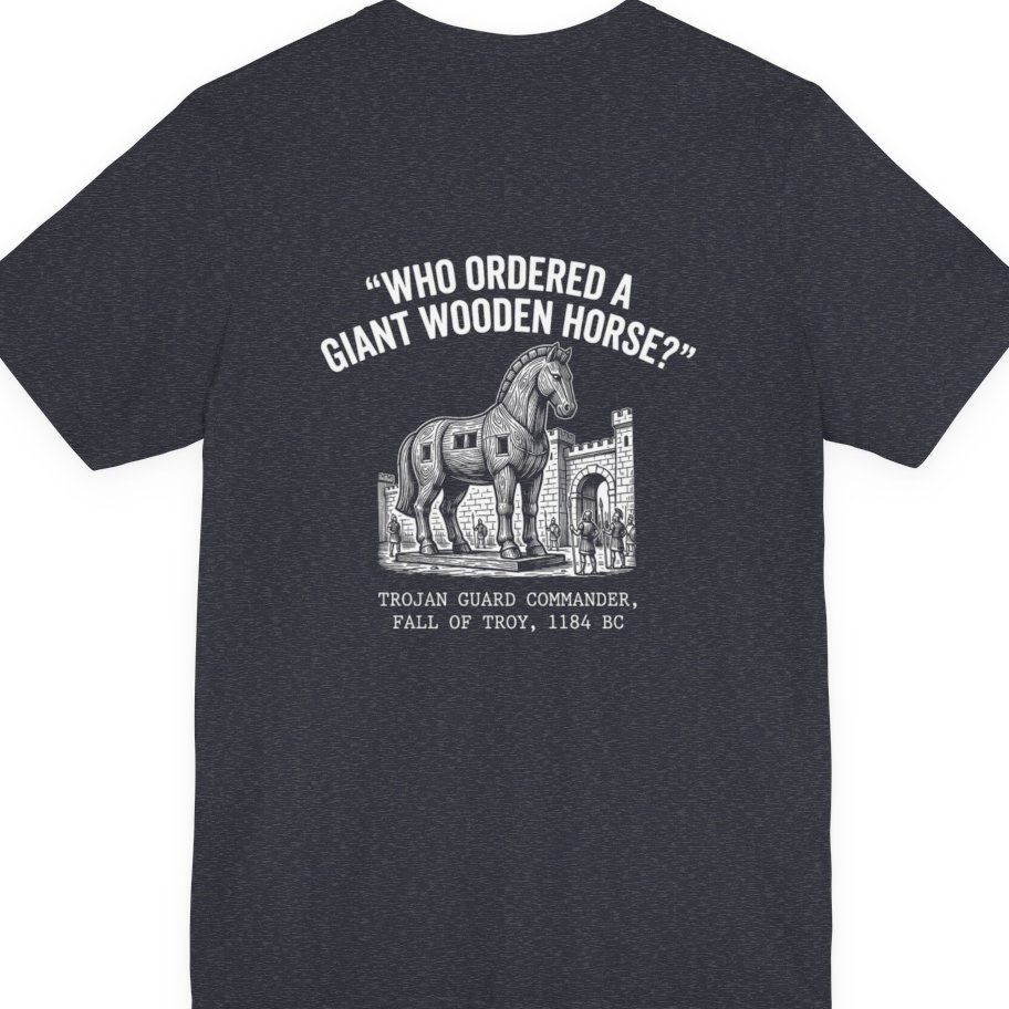 Trojan Horse Deadpan Satire Back Print Premium Tee - Heather Navy back