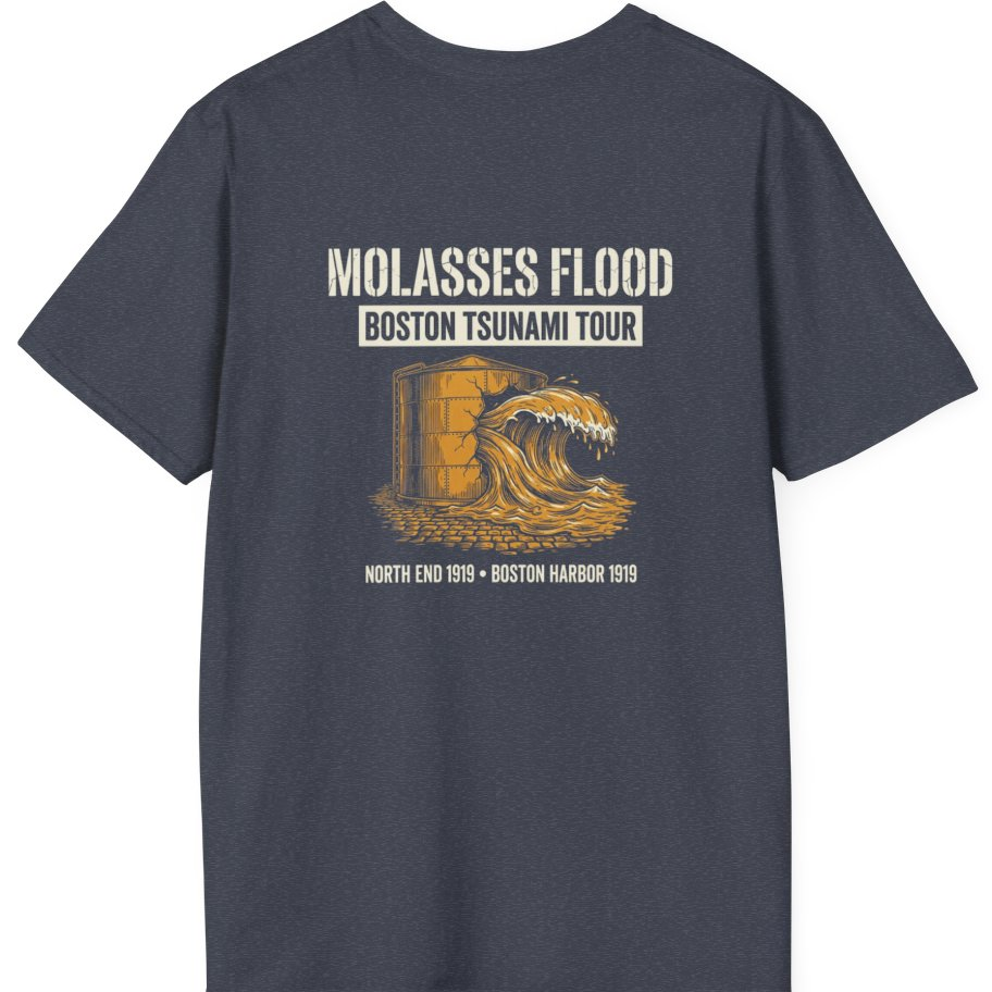 Boston Molasses Flood Tour Back Print T-Shirt - Heather Navy back