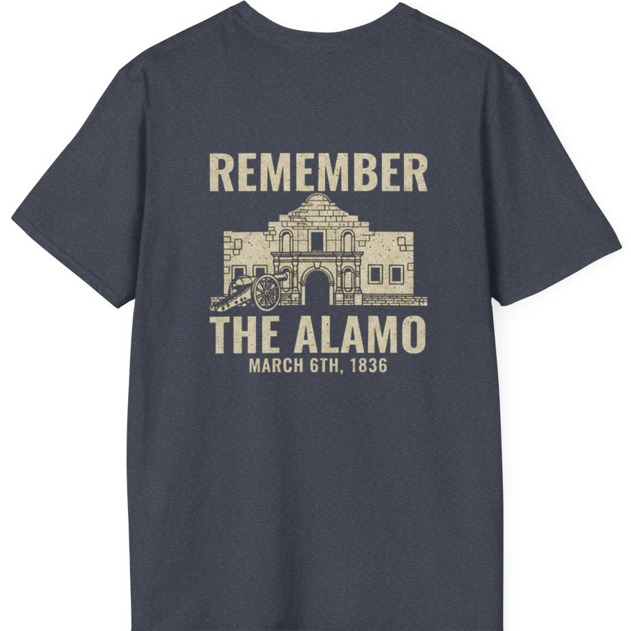 Remember the Alamo March 6th Back Print T-Shirt - Heather Navy back