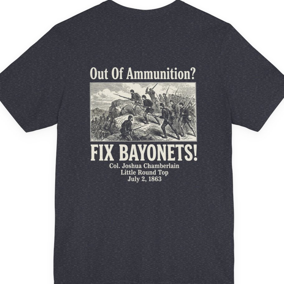 Out of Ammunition Fix Bayonets Back Print Premium Tee - Heather Navy back