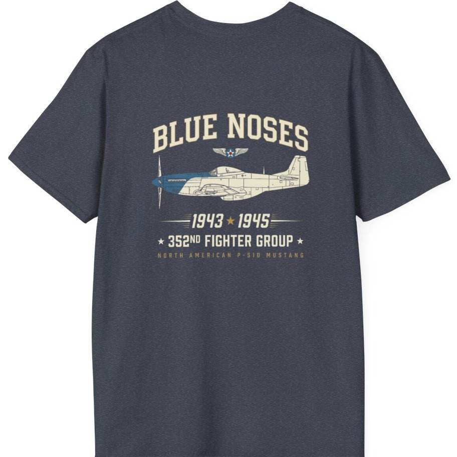 Blue Nosed Fighter Group Back Print T-Shirt - Heather Navy back