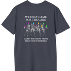 Four Horsemen Birthday Party Back Print T-Shirt - Heather Navy back