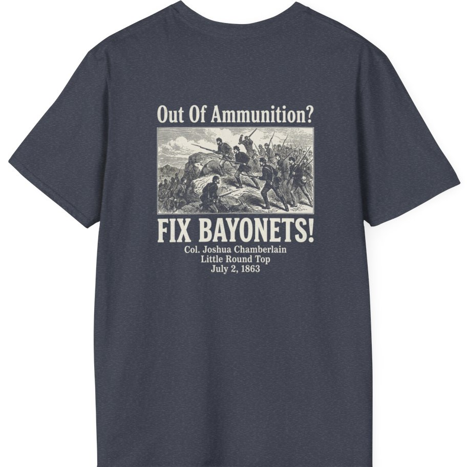 Out of Ammunition Fix Bayonets Back Print T-Shirt - Heather Navy back