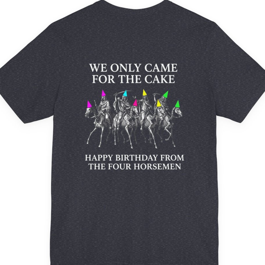 Four Horsemen Birthday Party Back Print Premium Tee - Heather Navy back