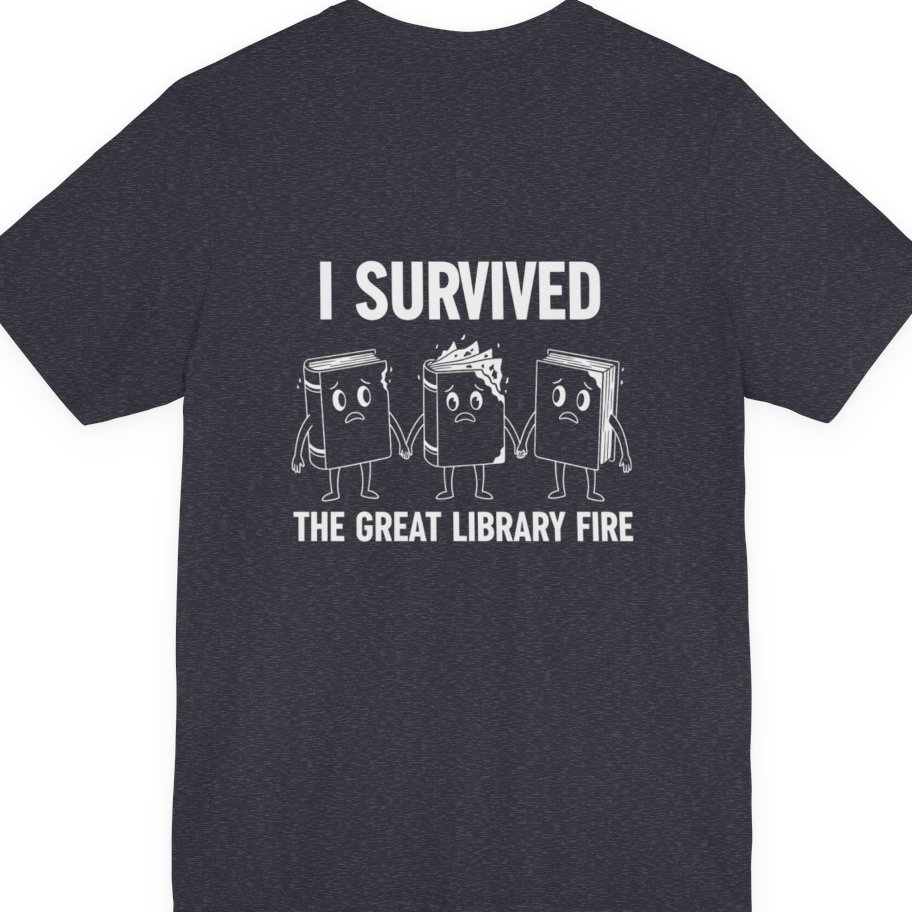 I Survived The Great Library Back Print Premium Tee - Heather Navy back