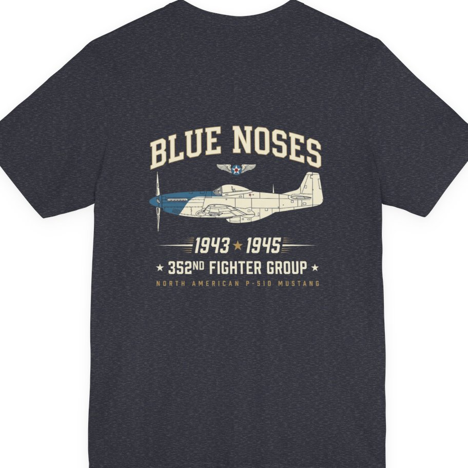 Blue Nosed Fighter Group Back Print Premium Tee - Heather Navy back