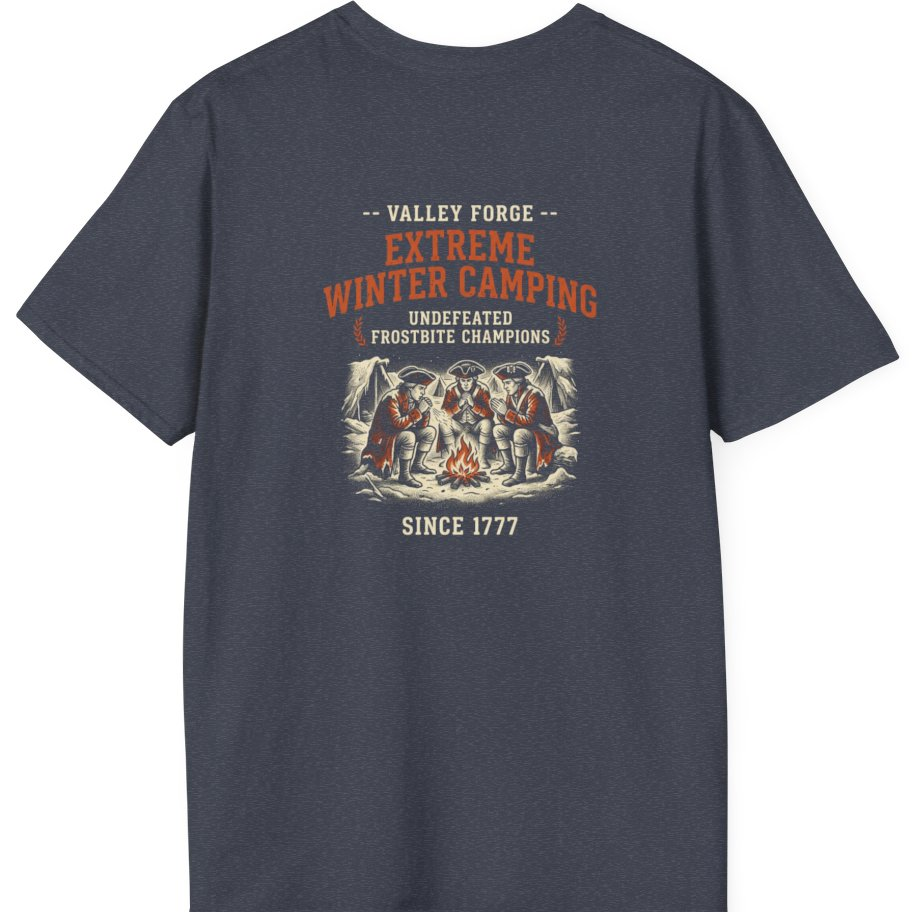 Valley Forge Winter Camping Back Print T-Shirt - Heather Navy back