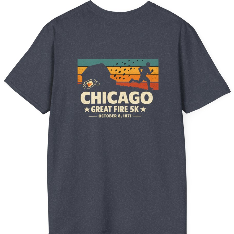 Chicago Great Fire 5K Retro Back Print T-Shirt - Heather Navy back