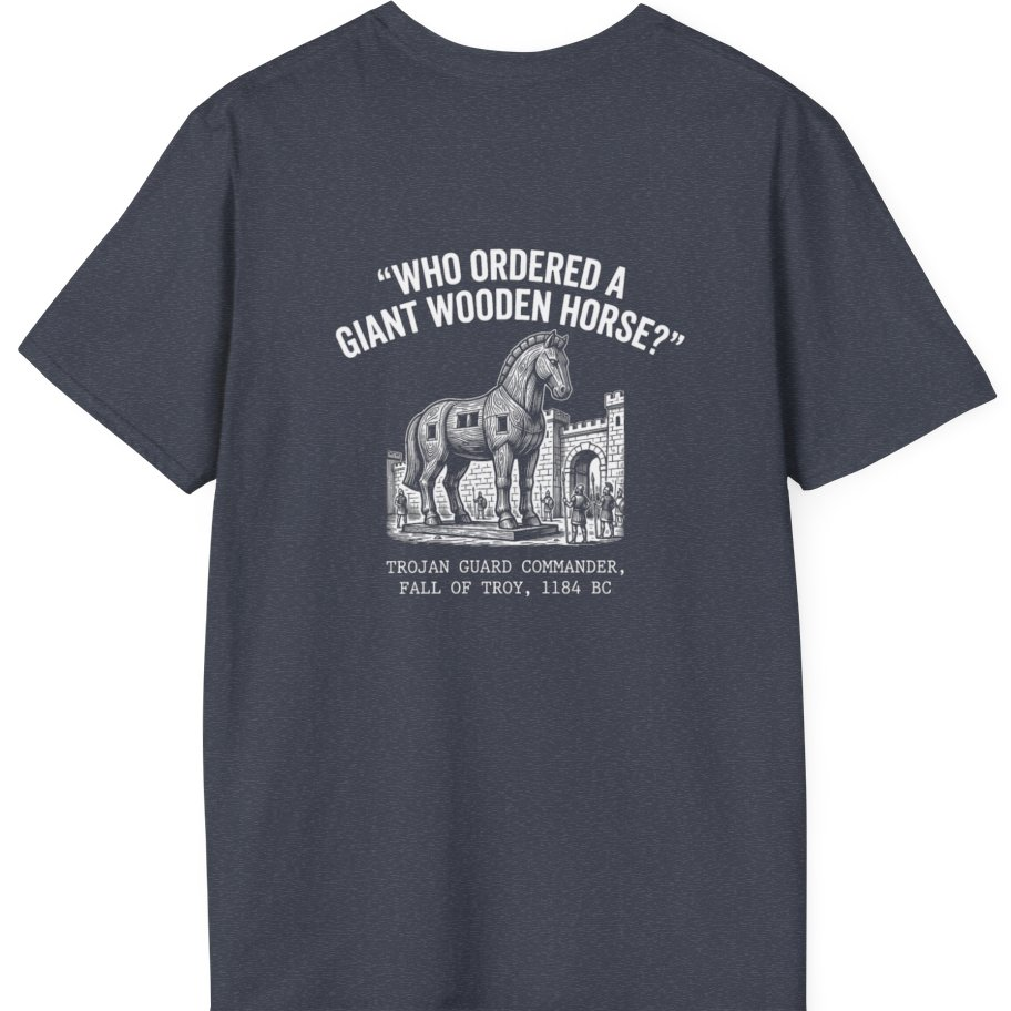 Trojan Horse Deadpan Satire Back Print T-Shirt - Heather Navy back