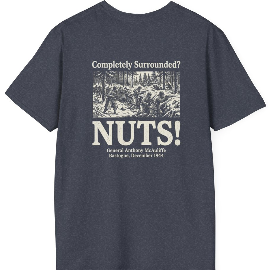 Bastogne Nuts Defiance Back Print T-Shirt - Heather Navy back