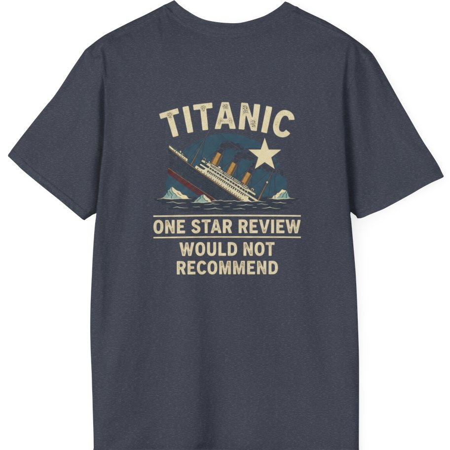 Titanic One Star Review Back Print T-Shirt - Heather Navy back