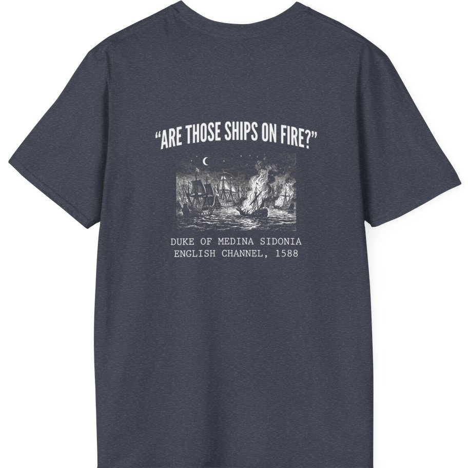 Spanish Armada Fire Ships Back Print T-Shirt - Heather Navy back