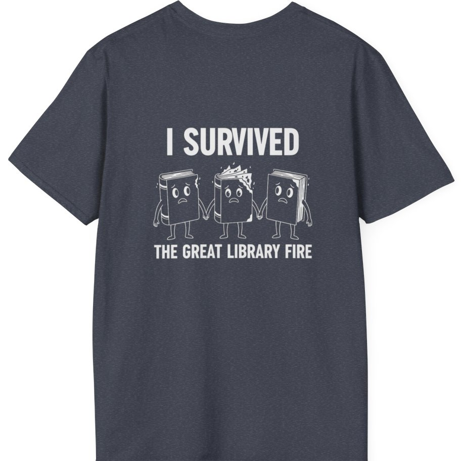 I Survived The Great Library Back Print T-Shirt - Heather Navy back