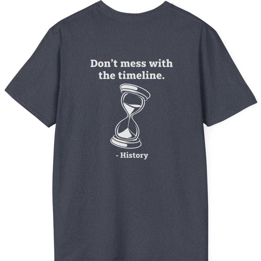Time Travel Paradox Back Print T-Shirt - Heather Navy back
