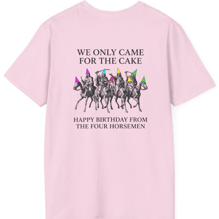 Four Horsemen Birthday Party Back Print T-Shirt - Light Pink back