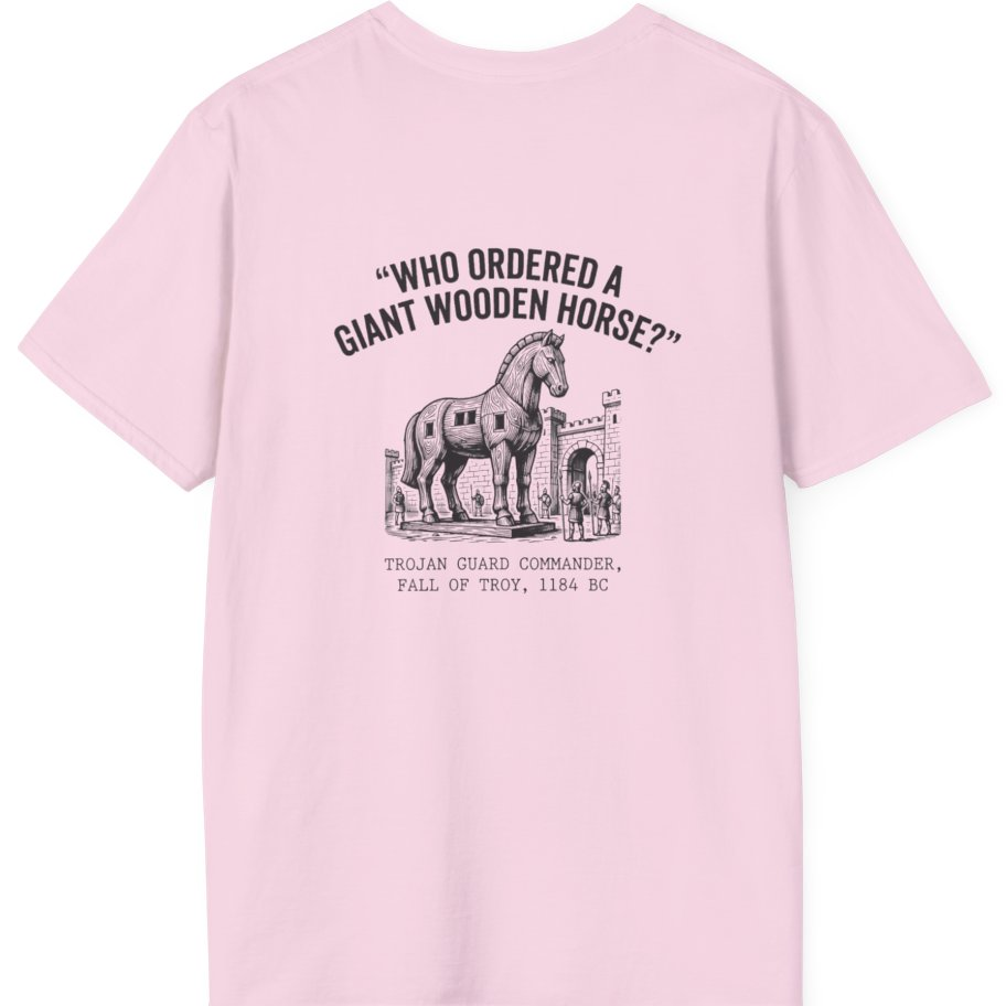 Trojan Horse Deadpan Satire Back Print T-Shirt - Light Pink back