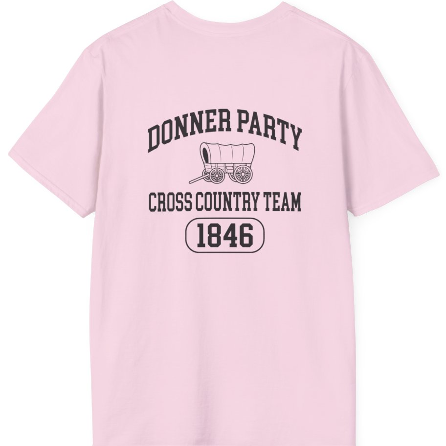 Donner Party Cross Country Team Back Print T-Shirt - Light Pink back