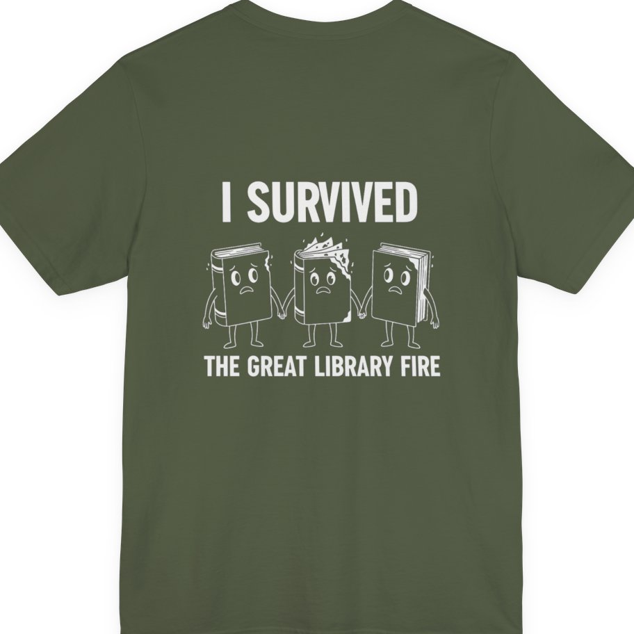 I Survived The Great Library Back Print Premium Tee - Military Green back