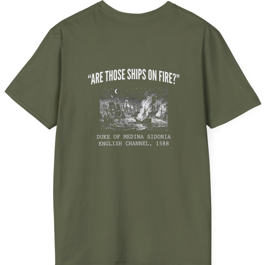 Spanish Armada Fire Ships Back Print T-Shirt - Military Green back