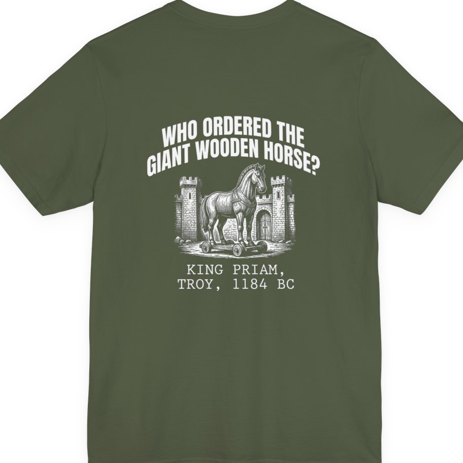 Trojan Wooden Horse Back Print Premium Tee - Military Green back