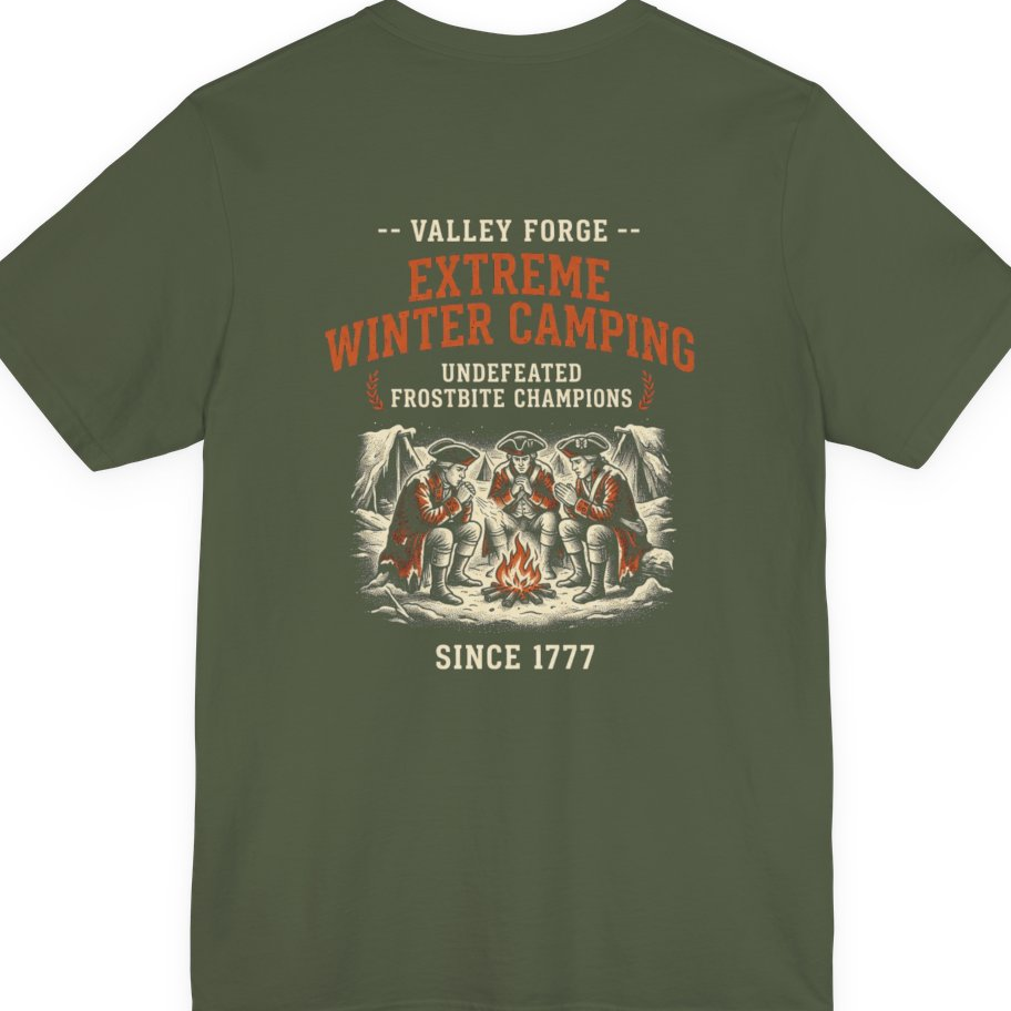 Valley Forge Winter Camping Back Print Premium Tee - Military Green back