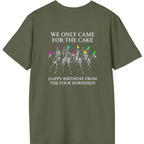 Four Horsemen Birthday Party Back Print T-Shirt - Military Green back