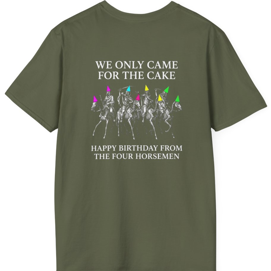 Four Horsemen Birthday Party Back Print T-Shirt - Military Green back