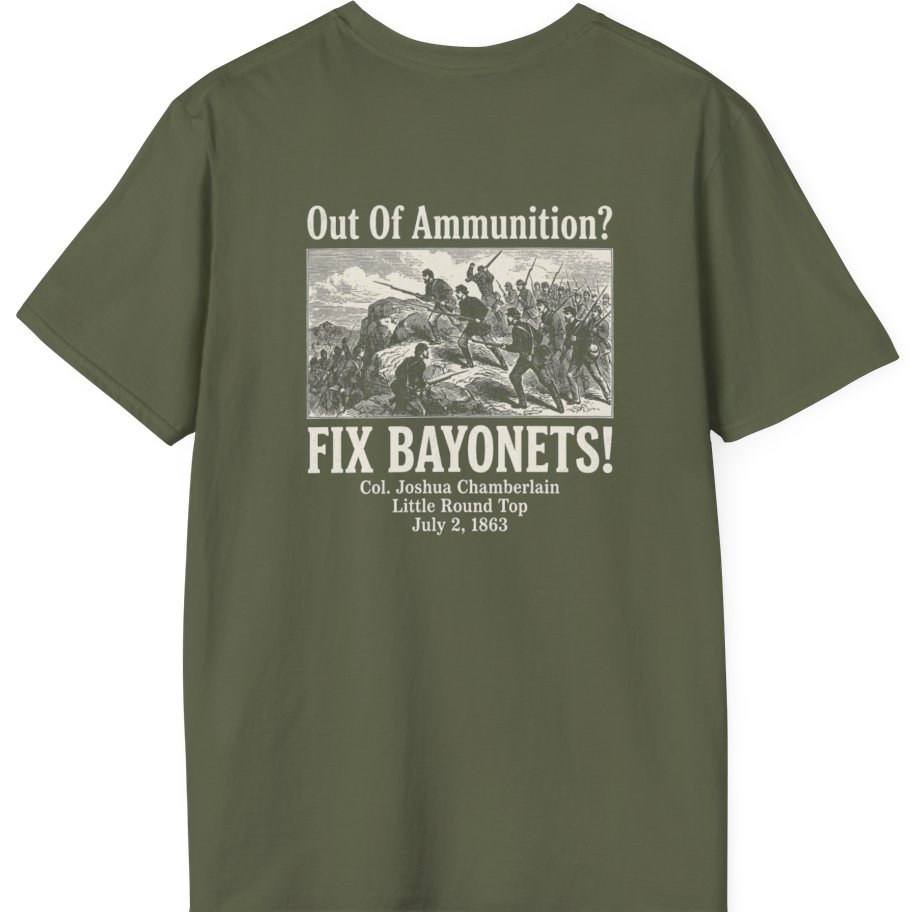 Out of Ammunition Fix Bayonets Back Print T-Shirt - Military Green back