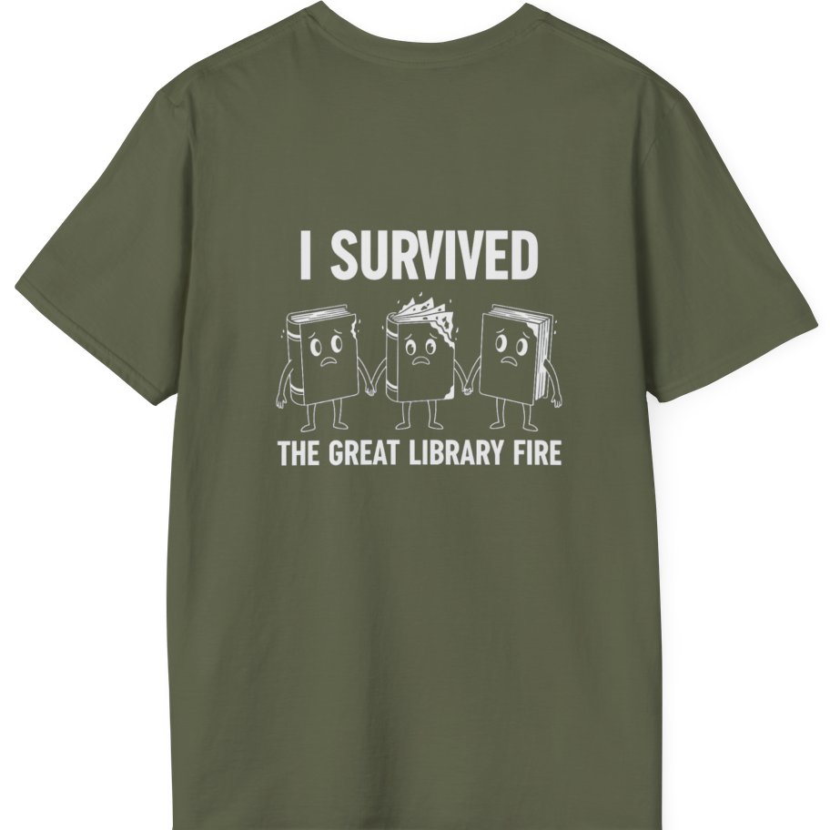 I Survived The Great Library Back Print T-Shirt - Military Green back