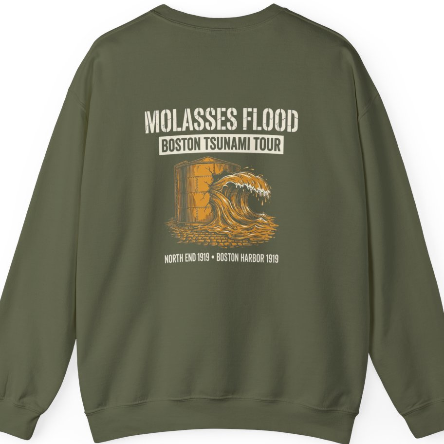 Boston Molasses Flood Tour Back Print Sweatshirt - Military Green back