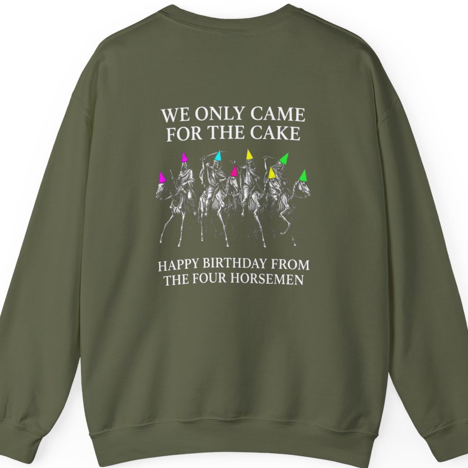 Four Horsemen Birthday Party Back Print Sweatshirt - Military Green back