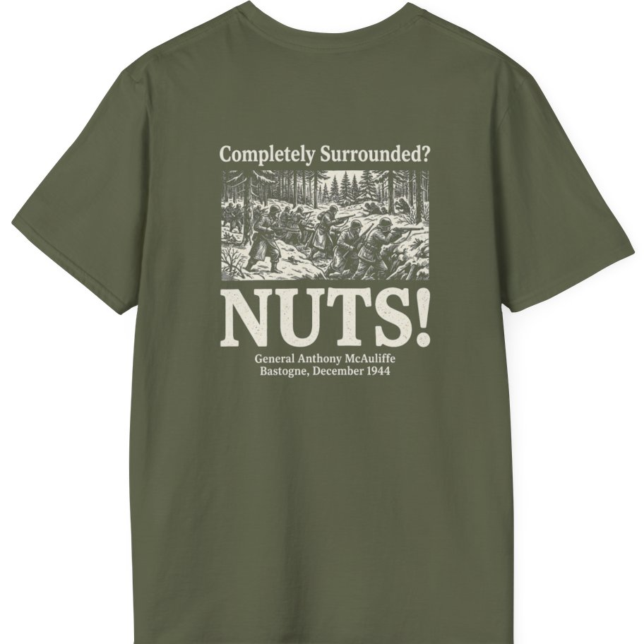 Bastogne Nuts Defiance Back Print T-Shirt - Military Green back