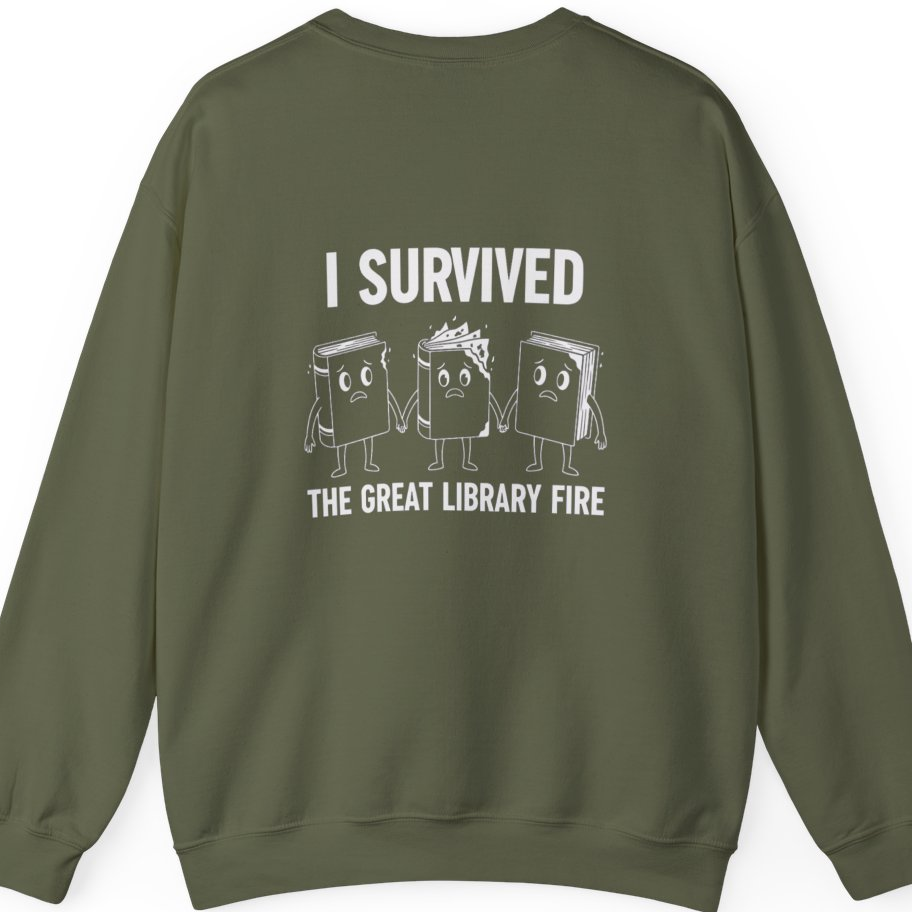 I Survived The Great Library Back Print Sweatshirt - Military Green back