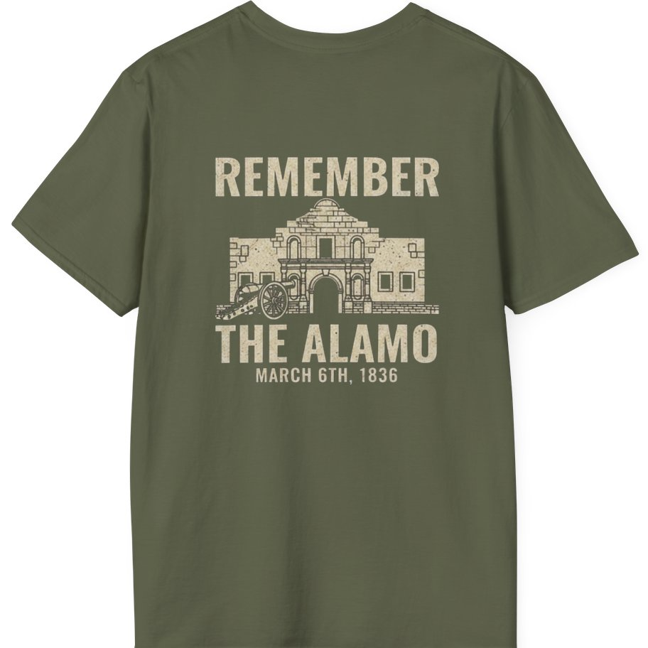 Remember the Alamo March 6th Back Print T-Shirt - Military Green back