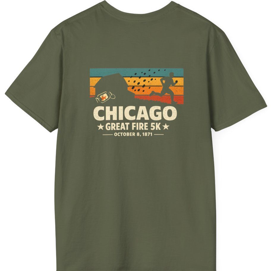 Chicago Great Fire 5K Retro Back Print T-Shirt - Military Green back