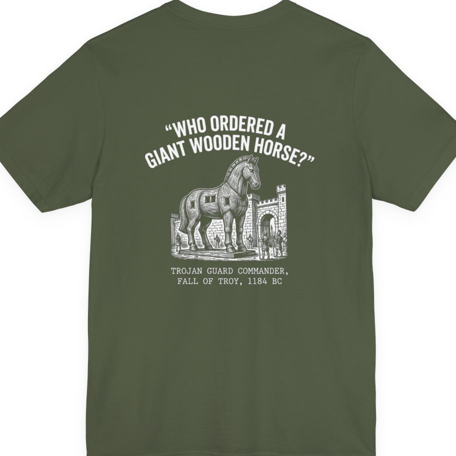 Trojan Horse Deadpan Satire Back Print Premium Tee - Military Green back